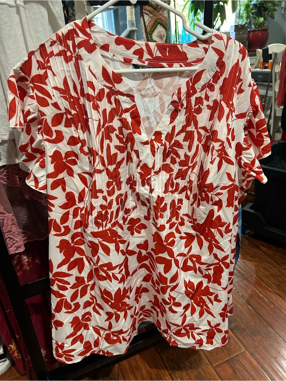 BloomChic White Tunic with Red Leaf Print